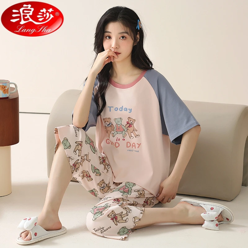 浪莎睡衣女款夏季短袖七分裤套头2025年新款女士夏天家居服套装