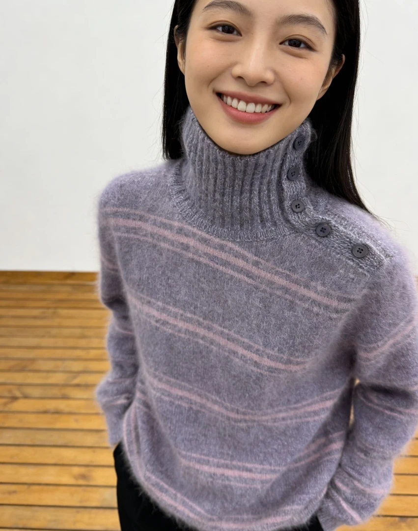 秋冬季七针条纹山羊绒针织衫女高翻领毛衣宽松保暖打底衫