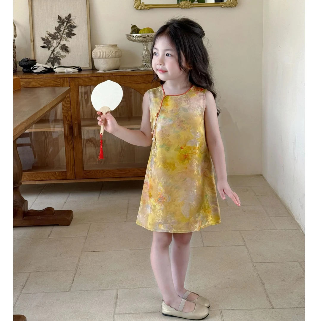 壹妈童装夏季女童轻薄新中式圆领无袖连衣裙国风改良背心旗袍裙子