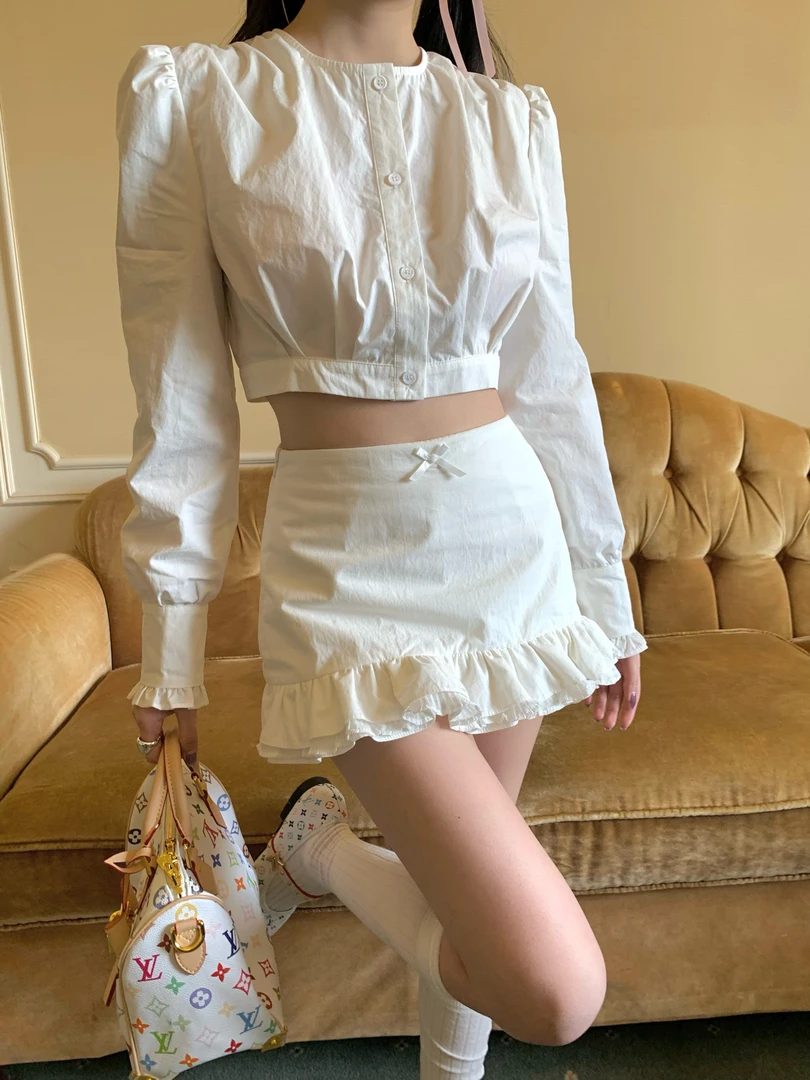 不冷BULENG 白色多层花边短裙包臀修身显瘦半身裙