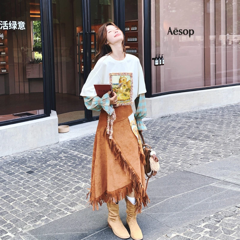 氛围感盐系文艺范套装裙2025春秋新款假两件上衣不规则流苏半身裙