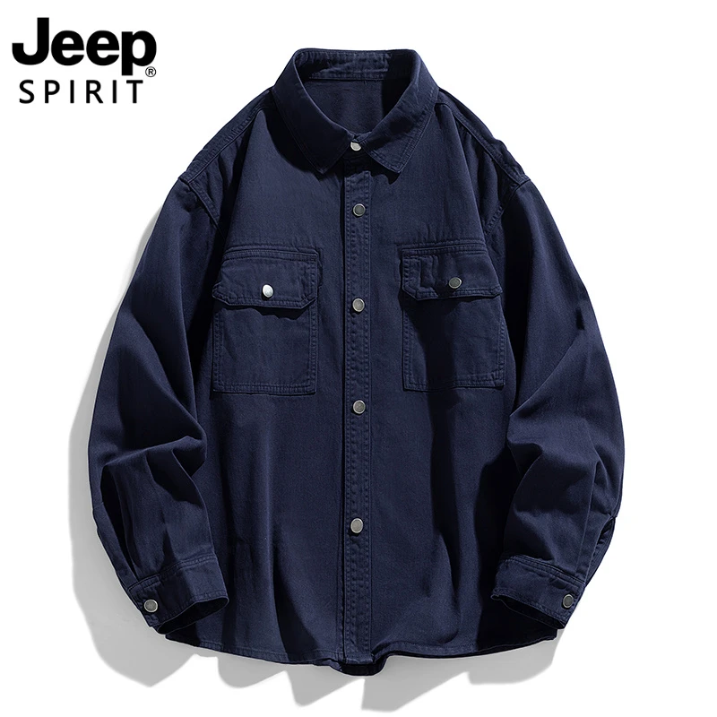 Jeep吉普春秋季工装纯棉衬衫男士宽松休闲日系复古纯色情侣夹克