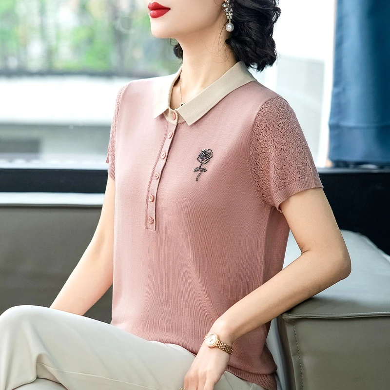 洋气妈妈装夏装短袖翻领T恤小衫中老年女装上衣polo衫针织打底衫