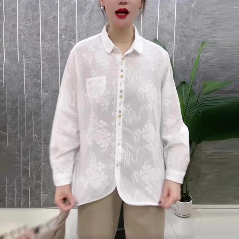 女士白色衬衫2025早秋季新款大码宽松休闲显瘦设计感提花小衫