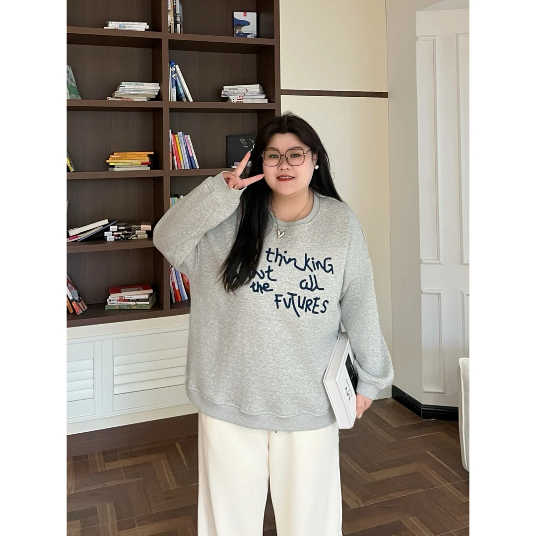 花契“雪国明珠”大码女装冬季百搭200斤胖mm时尚加绒卫衣15884-X