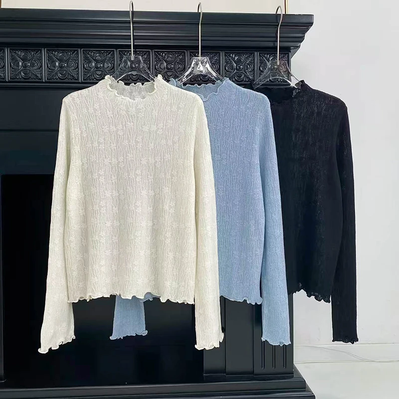【朵儿studio】提花丝羊毛木耳边秋款长袖针织衫 A326