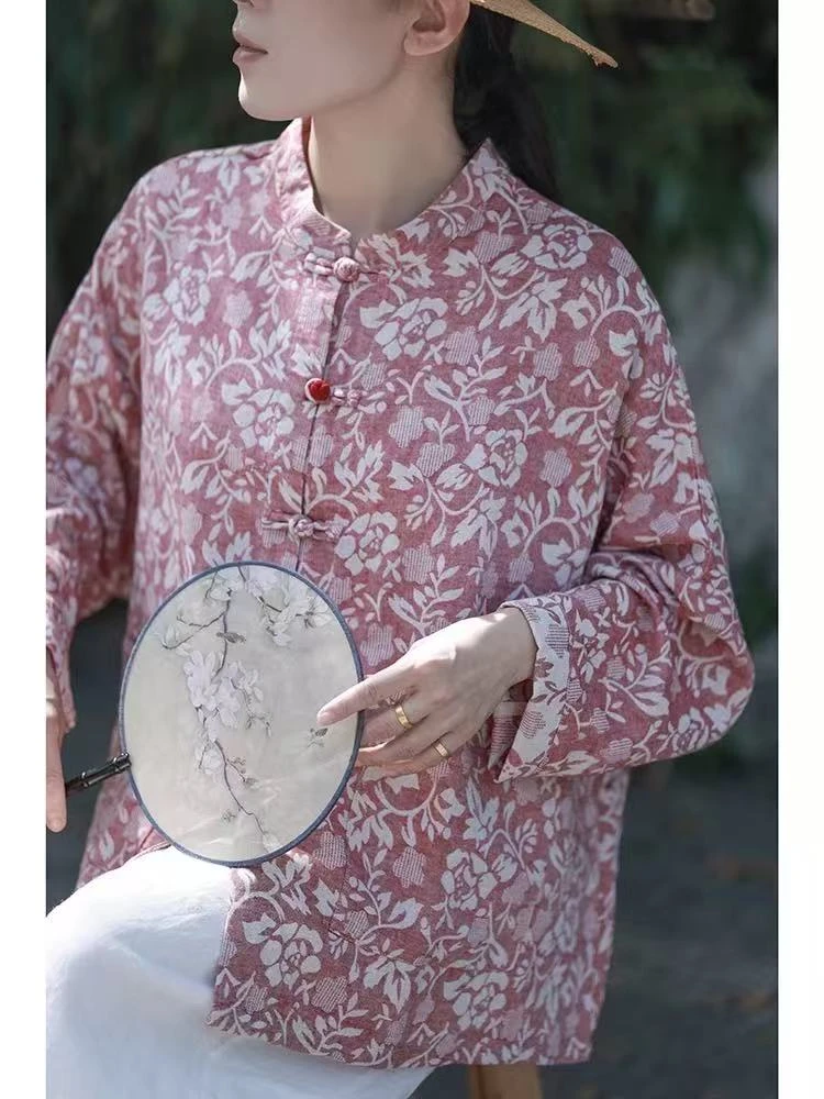 2025秋季复古宽松中式粉色长袖衬衫上衣提花立领盘扣民族开衫外套
