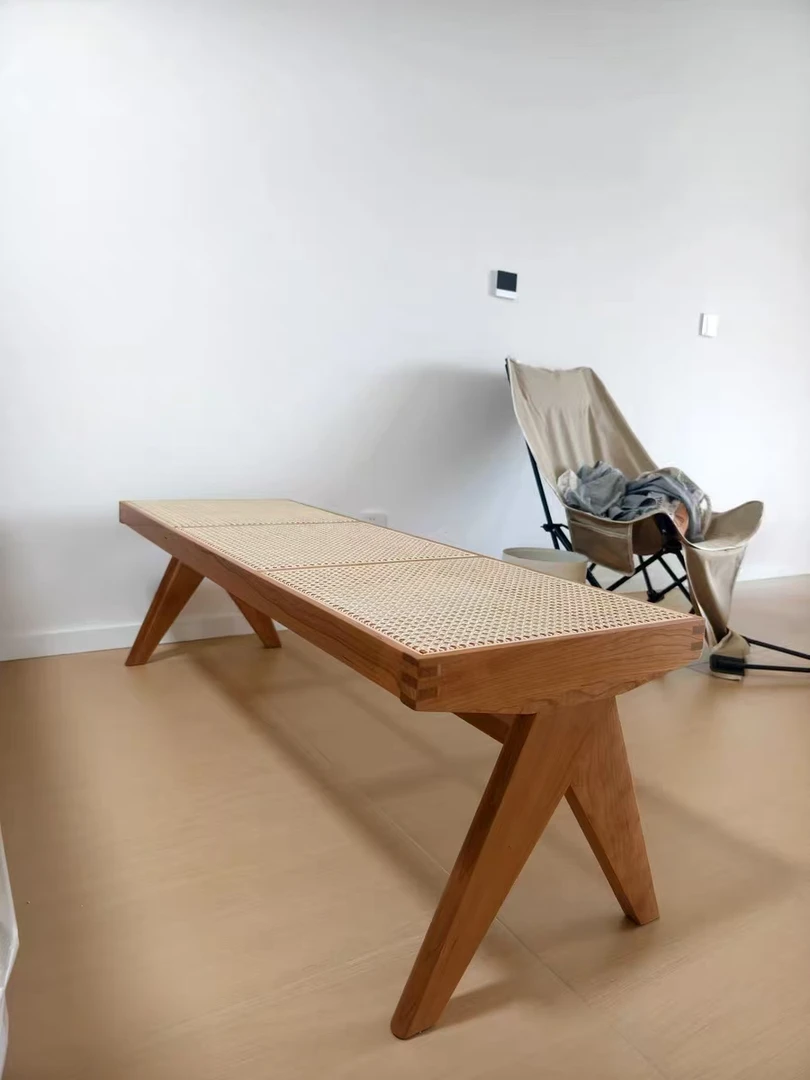 昌迪加尔长凳实木藤编换鞋凳樱桃木北欧设计师款