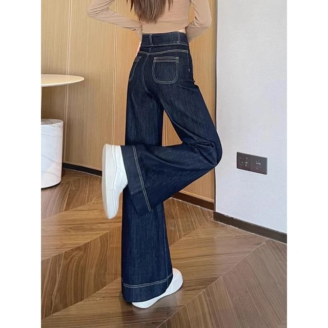 遮胯遮肉蓝色春季大码拖地喇叭不贴腿2025新款直筒时尚简约牛仔裤