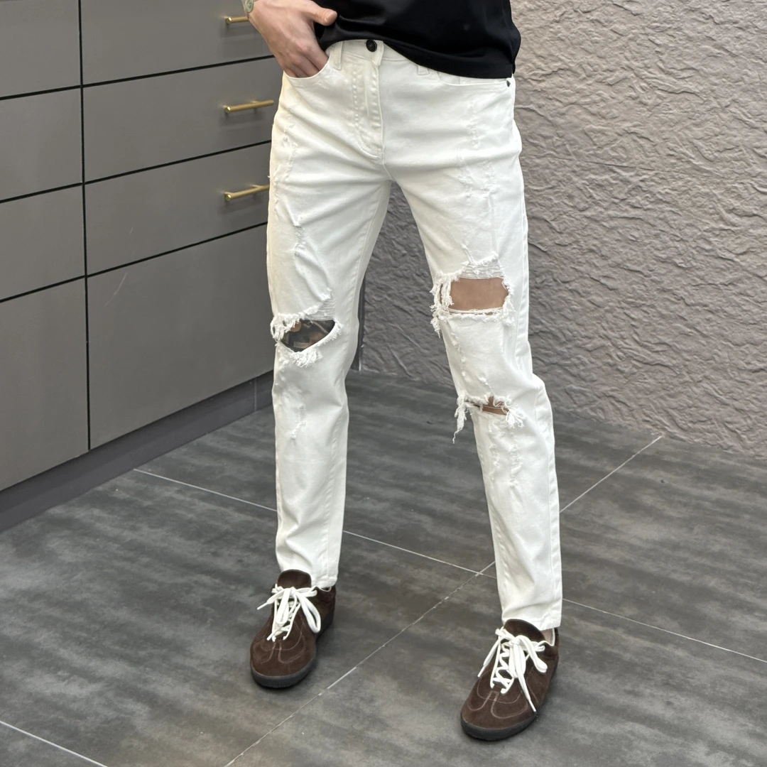 2025春季新款时尚夏季百搭休闲薄款破洞男士白色净版牛仔裤YC9325