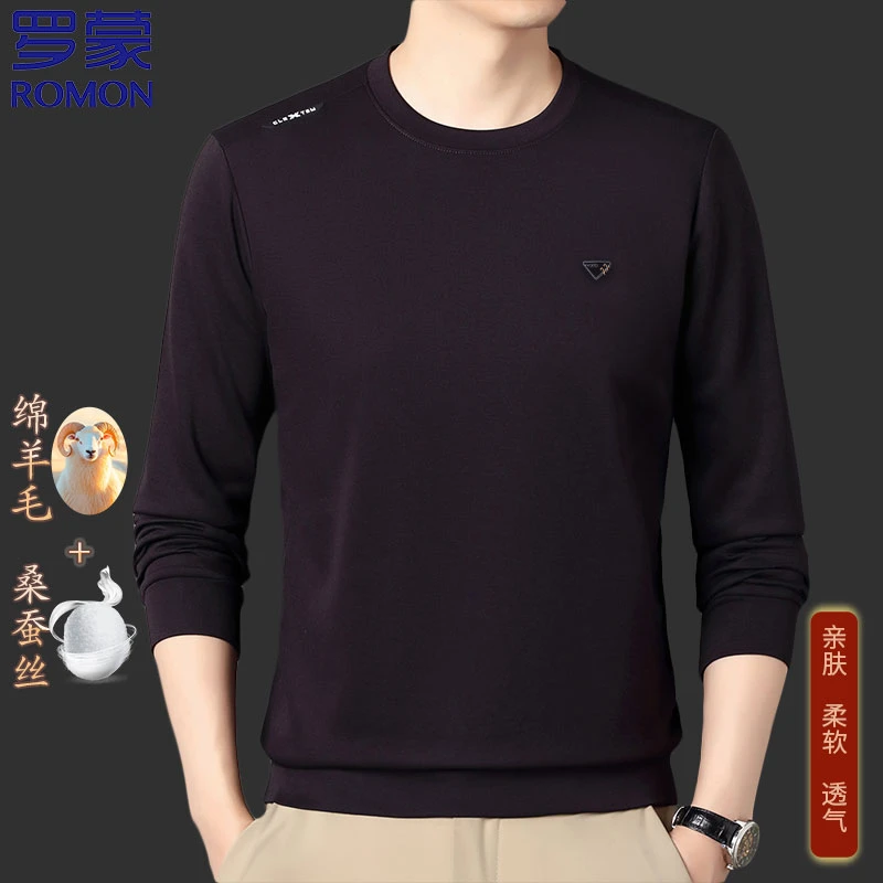 Romon/罗蒙羊毛+桑蚕丝秋季男士新款时尚舒适百搭长袖圆领上衣