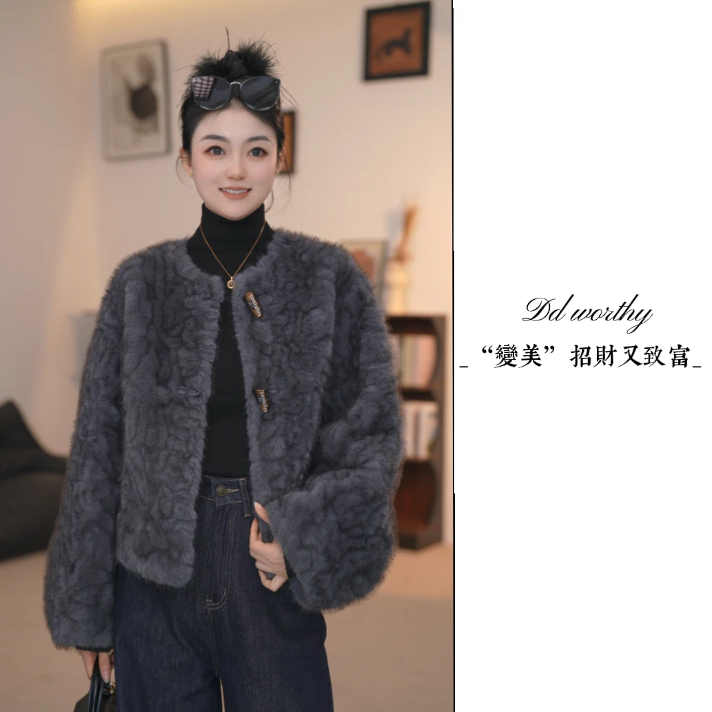 【豆豆】灰紫色女士短款毛毛外套设计师冬季气质精致-BDP95233