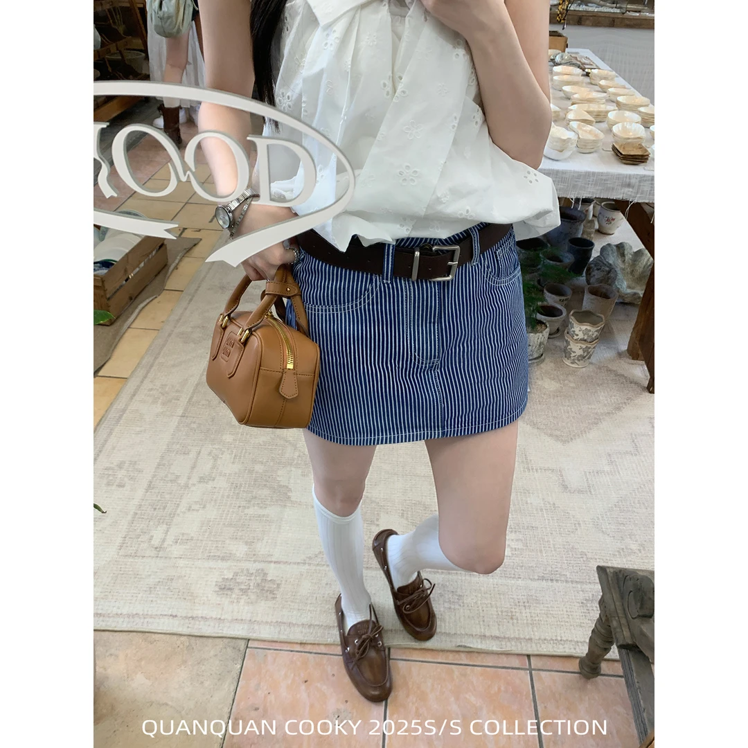 圈圈cooky 鲁本斯旧街 美式复古条纹休闲蓝色牛仔半身短裙L0896Q