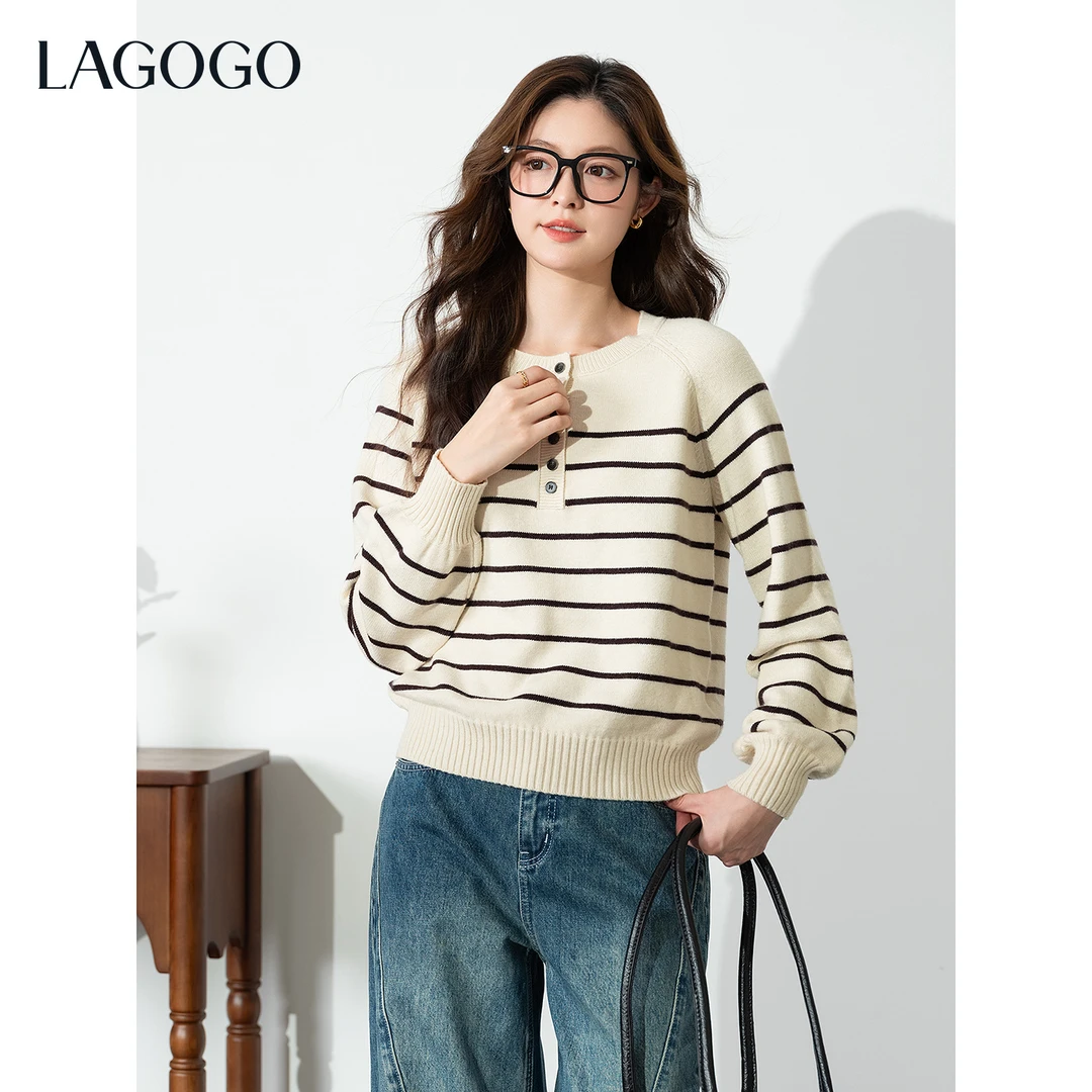 lagogo拉谷谷2025年新款海军风条纹百搭针织衫女OCMM429G86