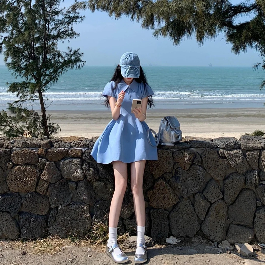 3125蓝色polo领连衣裙女新款夏季法式收腰显瘦气质a字蓬蓬短裙子