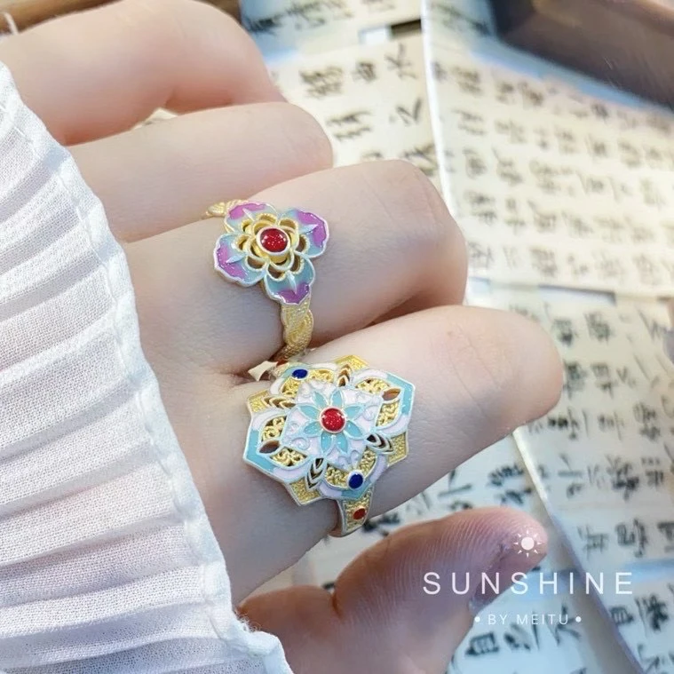 足银珐琅戒指 新中式 描金珐琅如意花戒指足银990民族风戒指