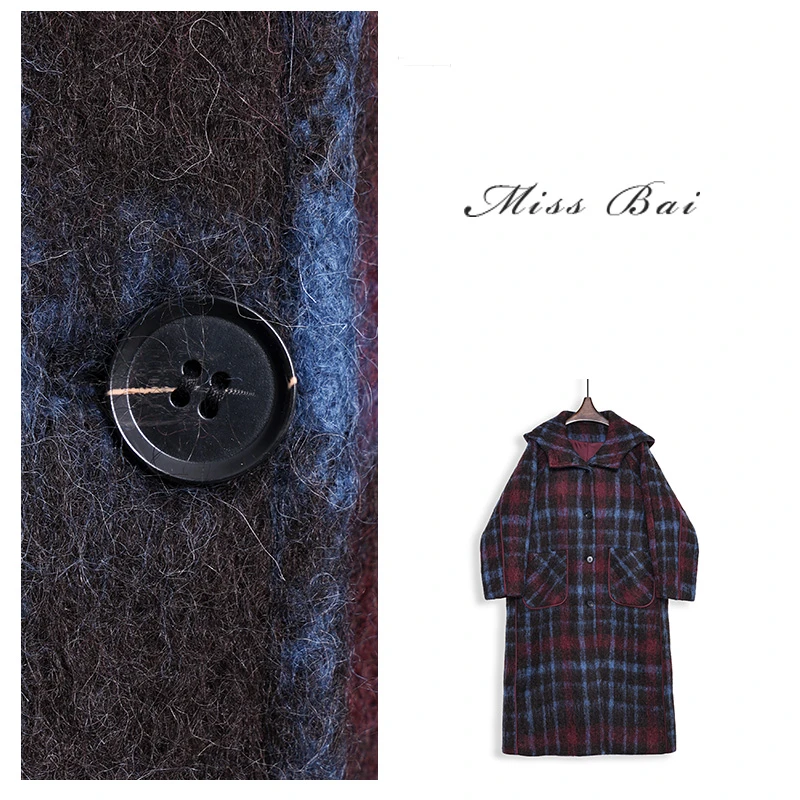 YIWEN-【临界点】静奢格纹羊驼毛中长款连帽大衣DY1102