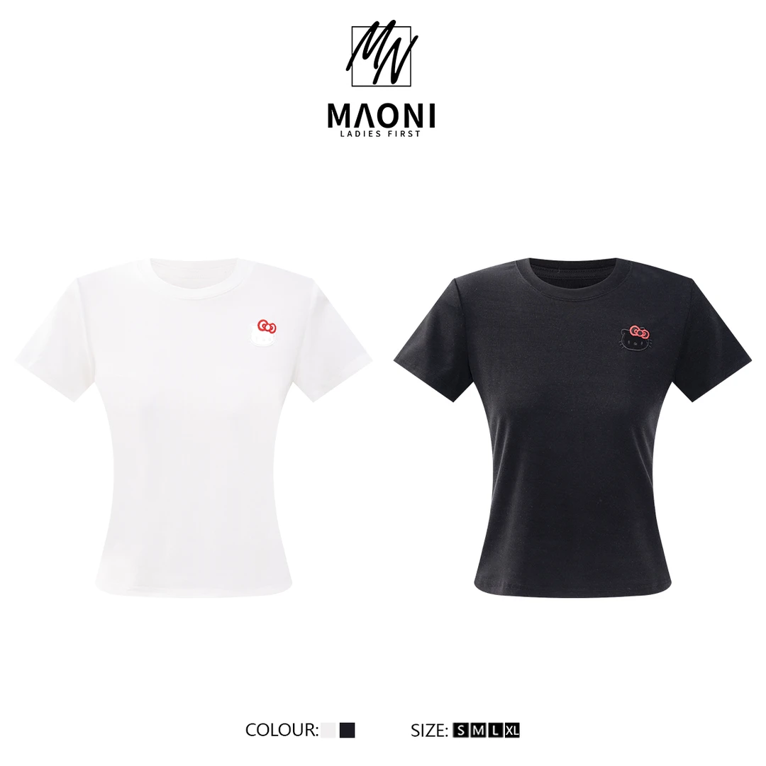 毛妮LADIESFIRST【甜系担当】KT猫蝴蝶结刺绣透视短袖T恤女L1843