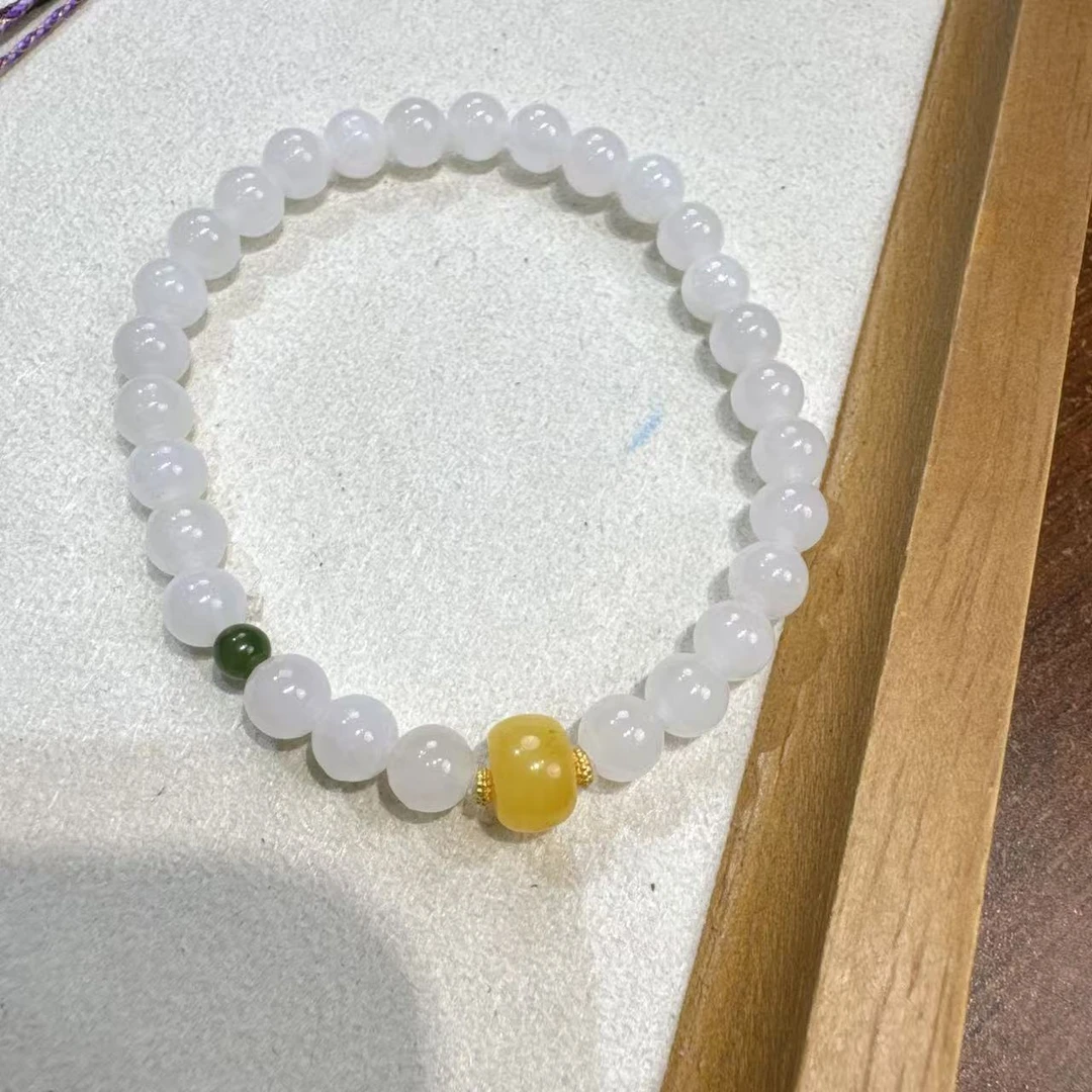 约卡6m和田玉白玉蜜蜡桶珠手串