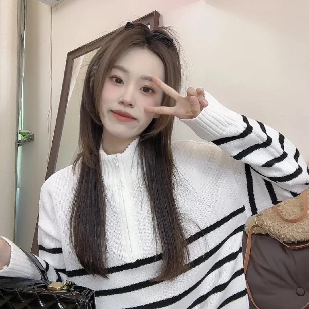 芬芬家-【216毛衣】半拉链毛衣新款韩版简约条纹毛衣