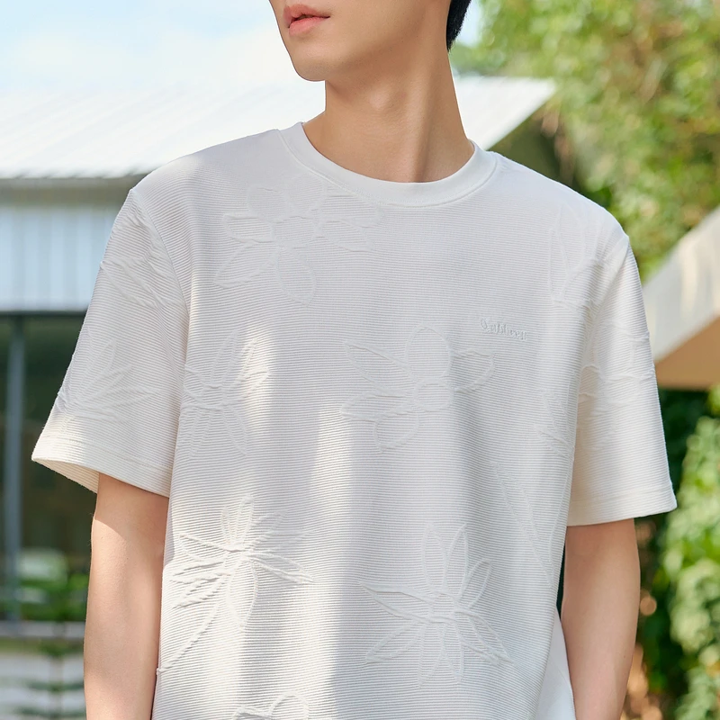 卡宾高级感男装LOGO绣花夏新款向日葵提花面料舒适百搭T恤