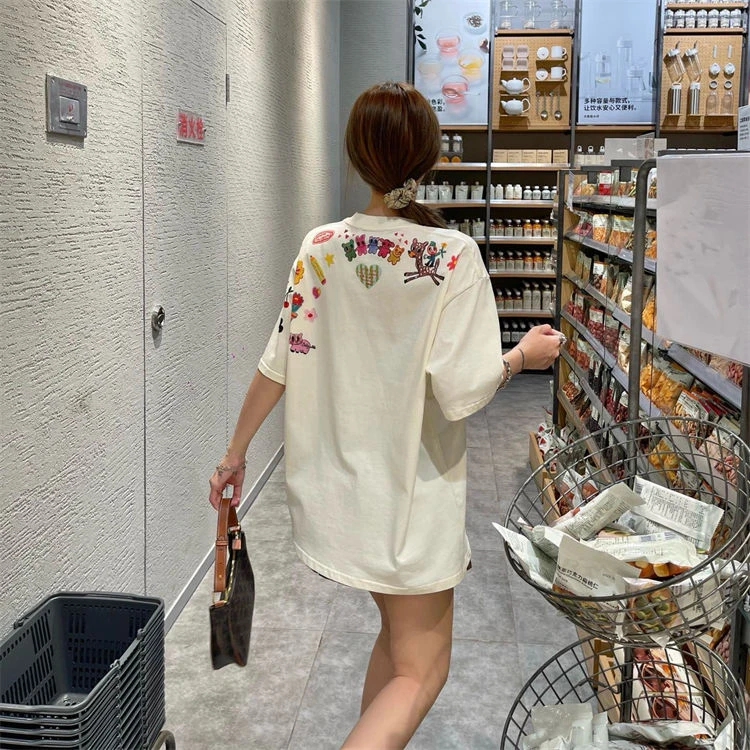 2025童趣卡通动物字母涂鸦可爱短袖恤女夏新款大版宽松tee