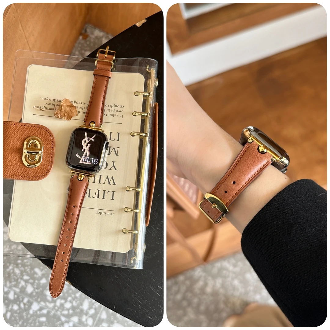 适用苹果Applewatchs10手表带高级疯马纹真皮iWatch98765SE腕带女