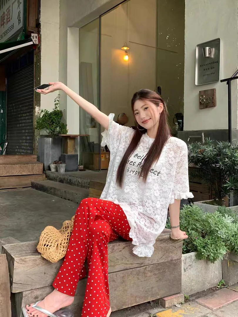 L.X白色字母印花圆领短袖T恤蕾丝提花宽松设计感纯欲百搭上衣6632