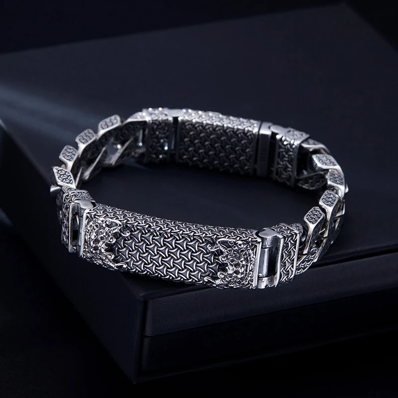 925银手链 男士气质复古编织个性民族风霸气醒狮纯银手链百搭潮流