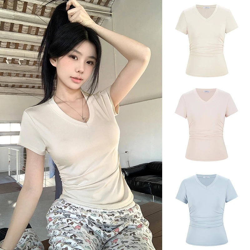 软糯舒服夏季V领正肩短款辣妹性感上衣修身显瘦百搭短袖T恤女INS