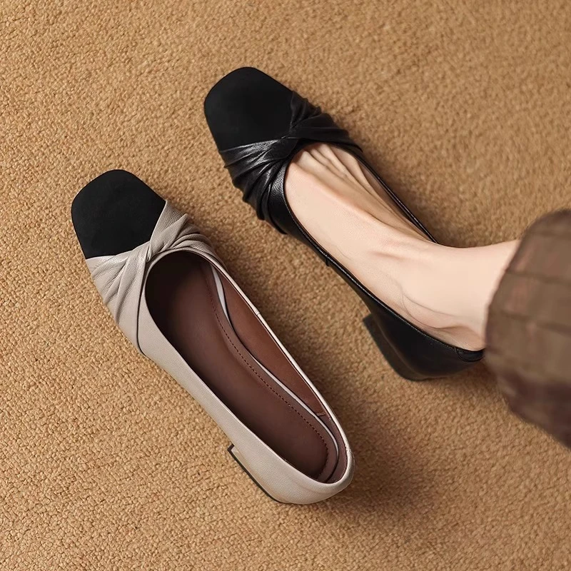 真皮断码清仓拼色方头浅口单鞋女2025春秋季新款平底鞋软底小皮鞋