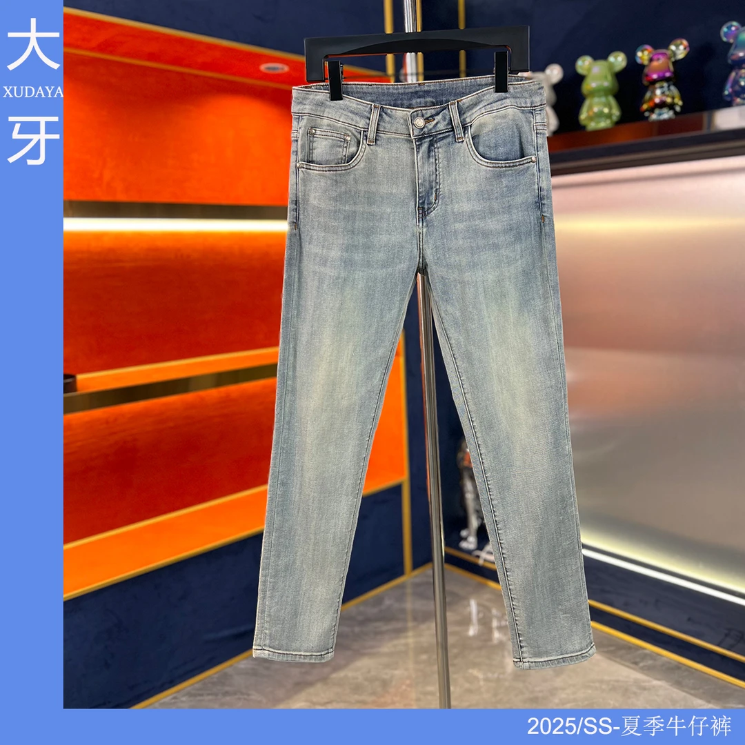 【大牙】009#薄款远天蓝九分牛仔裤2025夏季时尚轻奢弹力修身小直筒