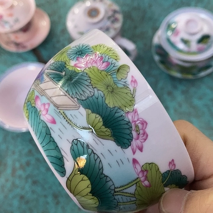 摆件陶红稀土荷花人物握竹杯