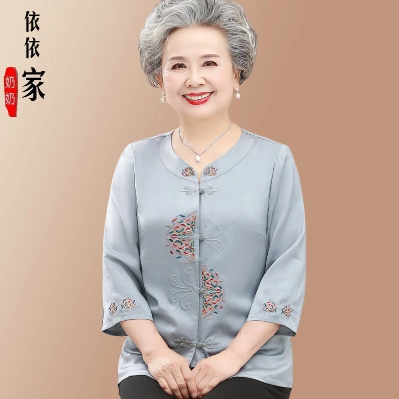 奶奶装夏装衬衫上衣女短袖款妈妈装开衫衬衣宽松中老年人上衣服装