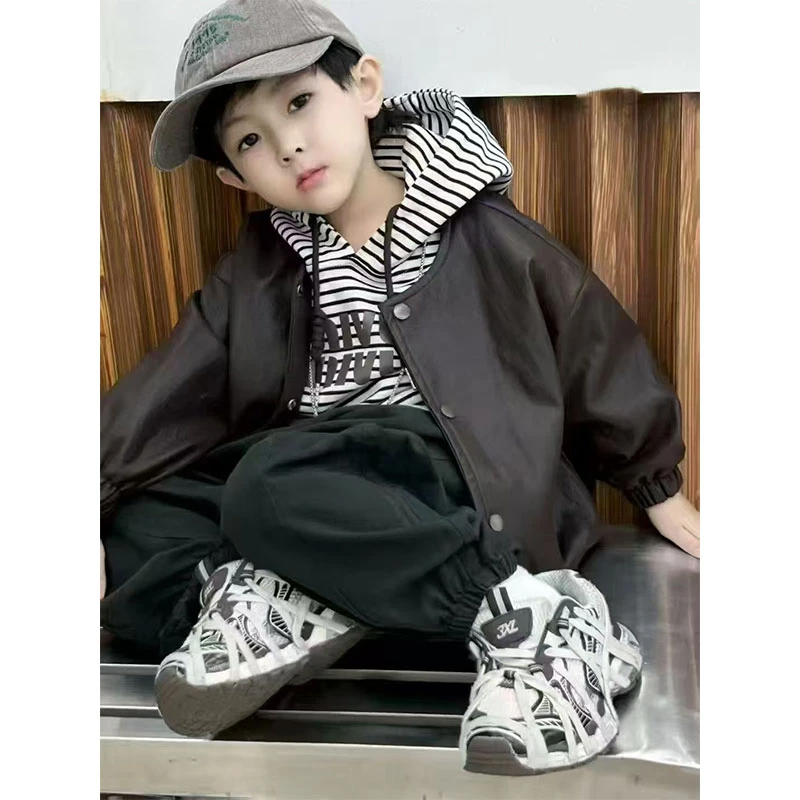 Yonsea云稚套装洋气秋季森系男女童套头韩版皮衣外套秋款三件套潮