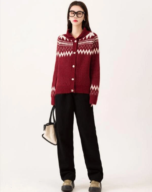 A083红色菱形针织开衫