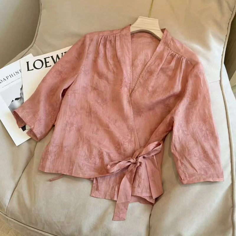 韩系提花v领显瘦绑带中袖衬衫女2026年夏季减龄气质百搭显瘦上衣