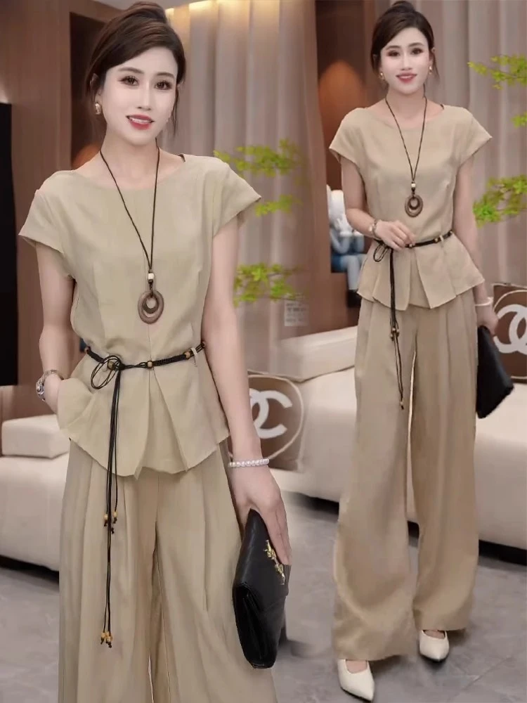 时尚套装女2025夏季新款洋气显瘦短袖上衣高腰阔腿裤气质两件套潮