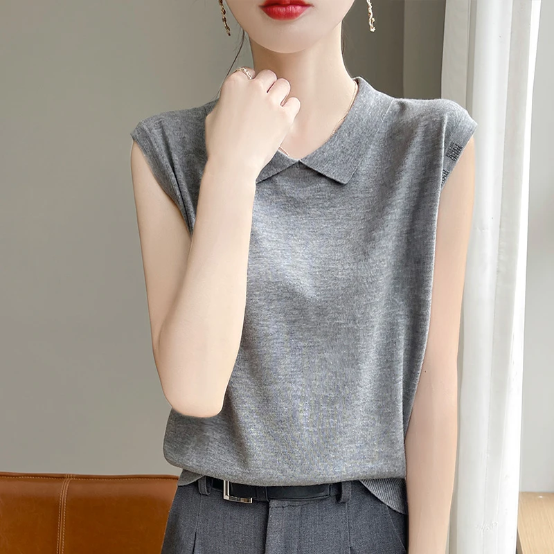 甄选精纺羊毛修身针织t恤高端轻奢夏季无袖打底衫 女百搭时尚短袖