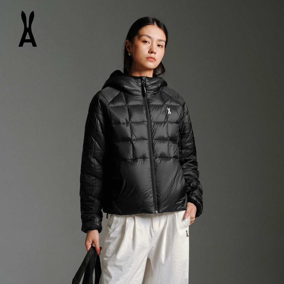 an ode to安欧兔小方格-绗缝连帽鹅绒服防风防寒保暖运动羽绒服