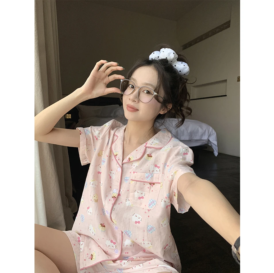 可爱卡通猫波点睡衣女夏季爆款云朵棉短袖短裤可外穿家居服套装