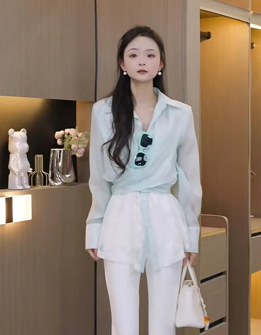 【秀宝女装】法式蕾丝拼接收腰系带别致衬衫XB4793