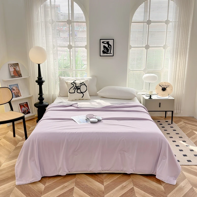 冬季春季双面款可水洗凉感化纤被被芯绣花花边夏凉被纯色薄款