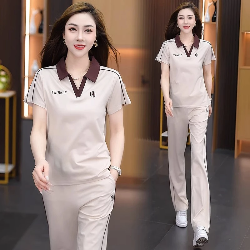 冰丝休闲运动套装女2025夏季新款洋气显瘦短袖阔腿裤跑步两件套潮