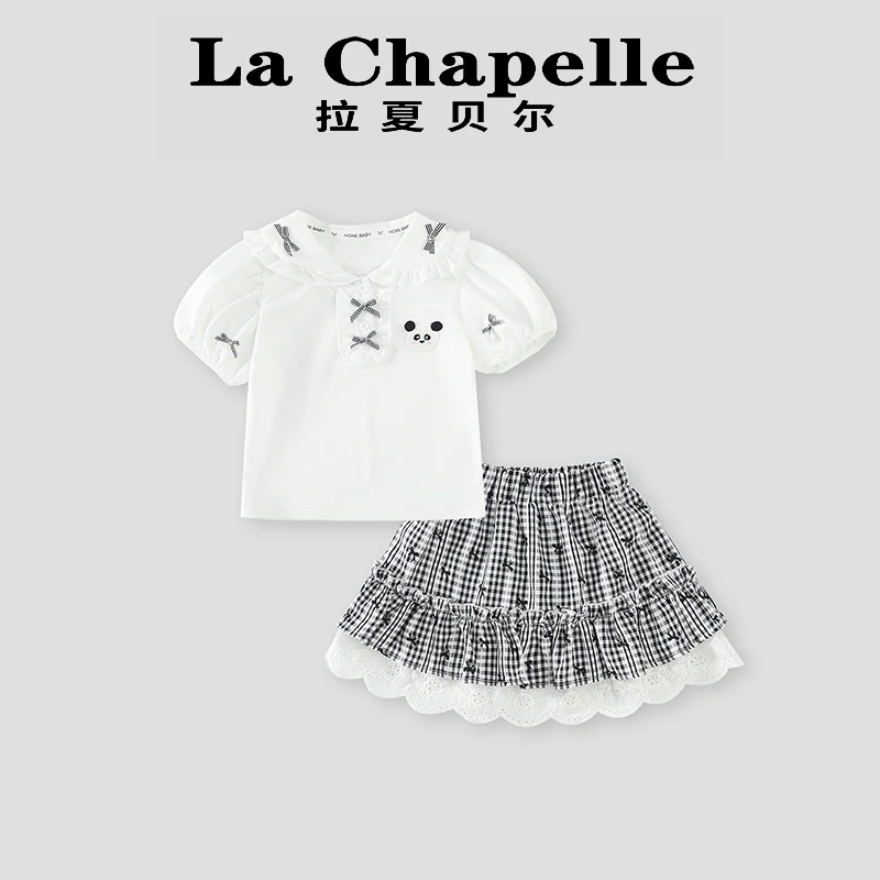 La Chapelle【拉夏贝尔】夏季新款泡泡袖上衣格子短裙套装LD1066