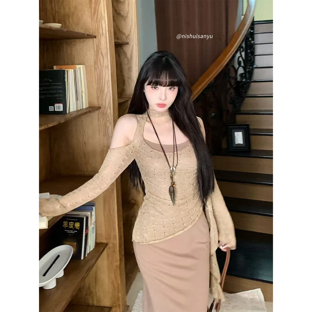 溺水三鱼【拾光印迹】废土风复古显瘦鱼尾连衣裙飘带外衫披肩两件套