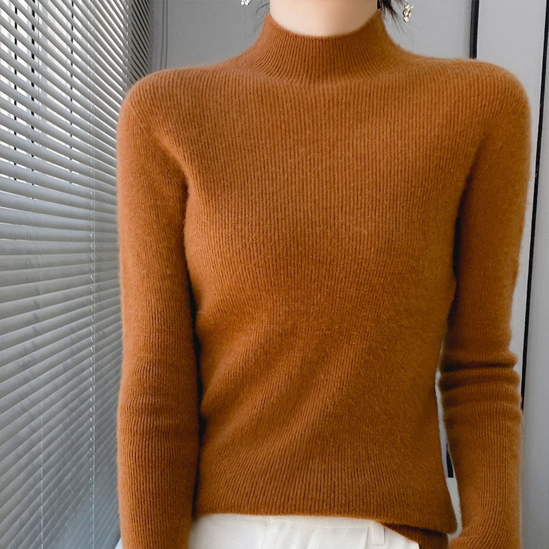 秋冬无缝一体羊毛衫女内搭针织衫修身显瘦气质半高纯色羊毛打底衫
