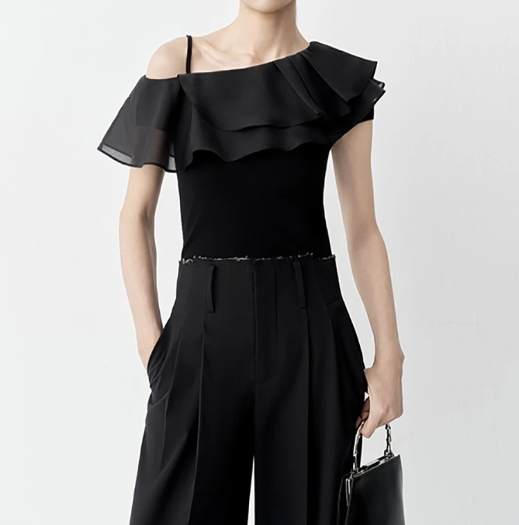 艾家新款小众时尚衬衫毛针织衫短袖适中无袖女设计感拼接夏季3041