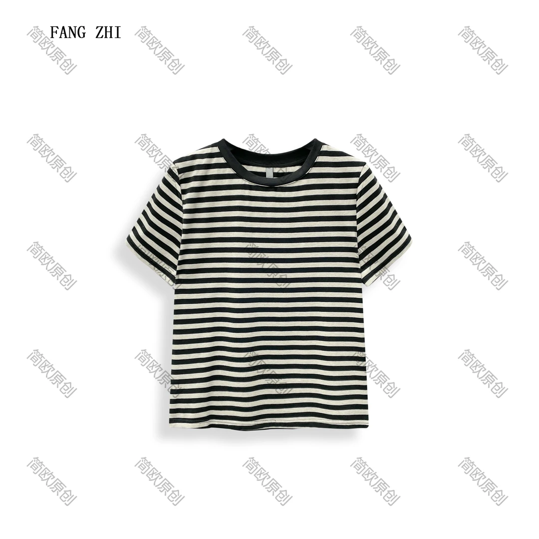 夏季棉质弹力圆领条纹撞色拼接休闲T恤短袖简约百搭上衣 T4229
