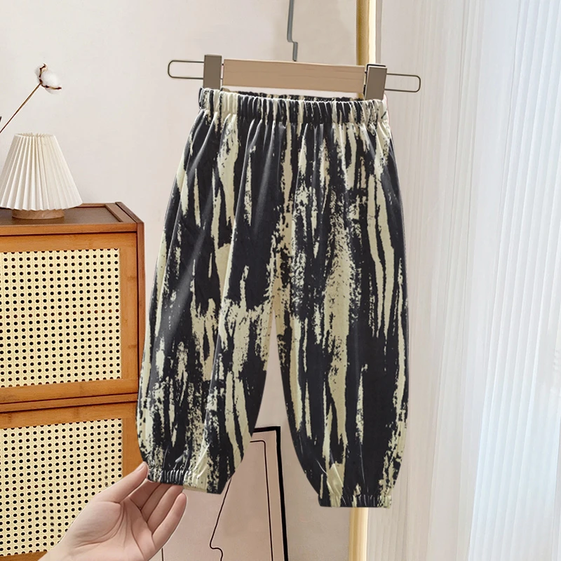 2025男童夏季新款凉感冰丝束脚裤女孩中大童薄款夏装罗纹防蚊长裤